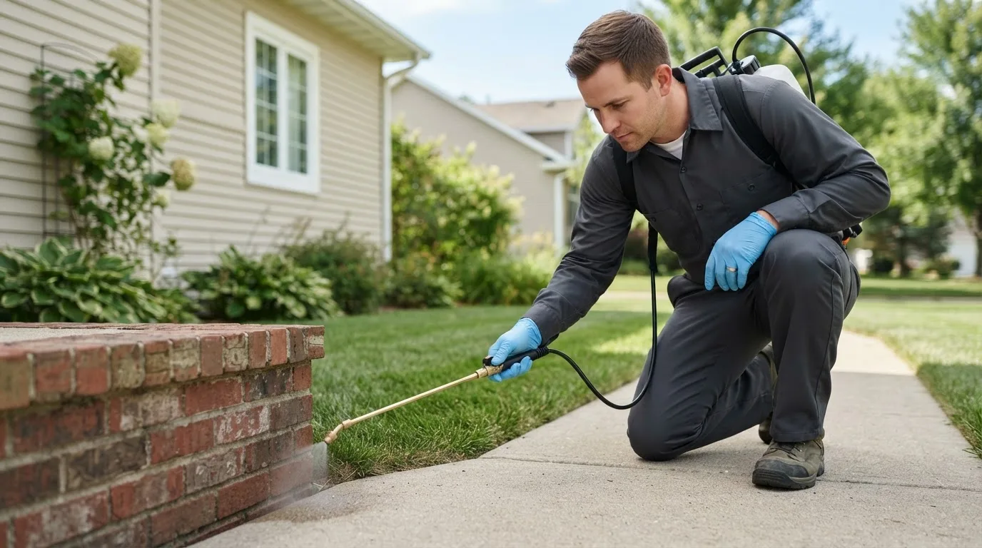 Pest control technician treating a home near Emden, IL