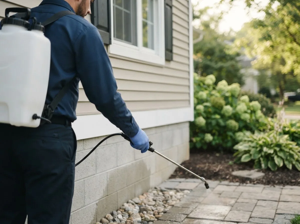 Pest control technician inspecting a home in Emden, IL